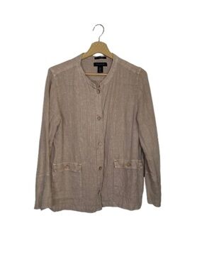 TAHARI 100% Linen Button-Down Blouse - Taupe - Size L